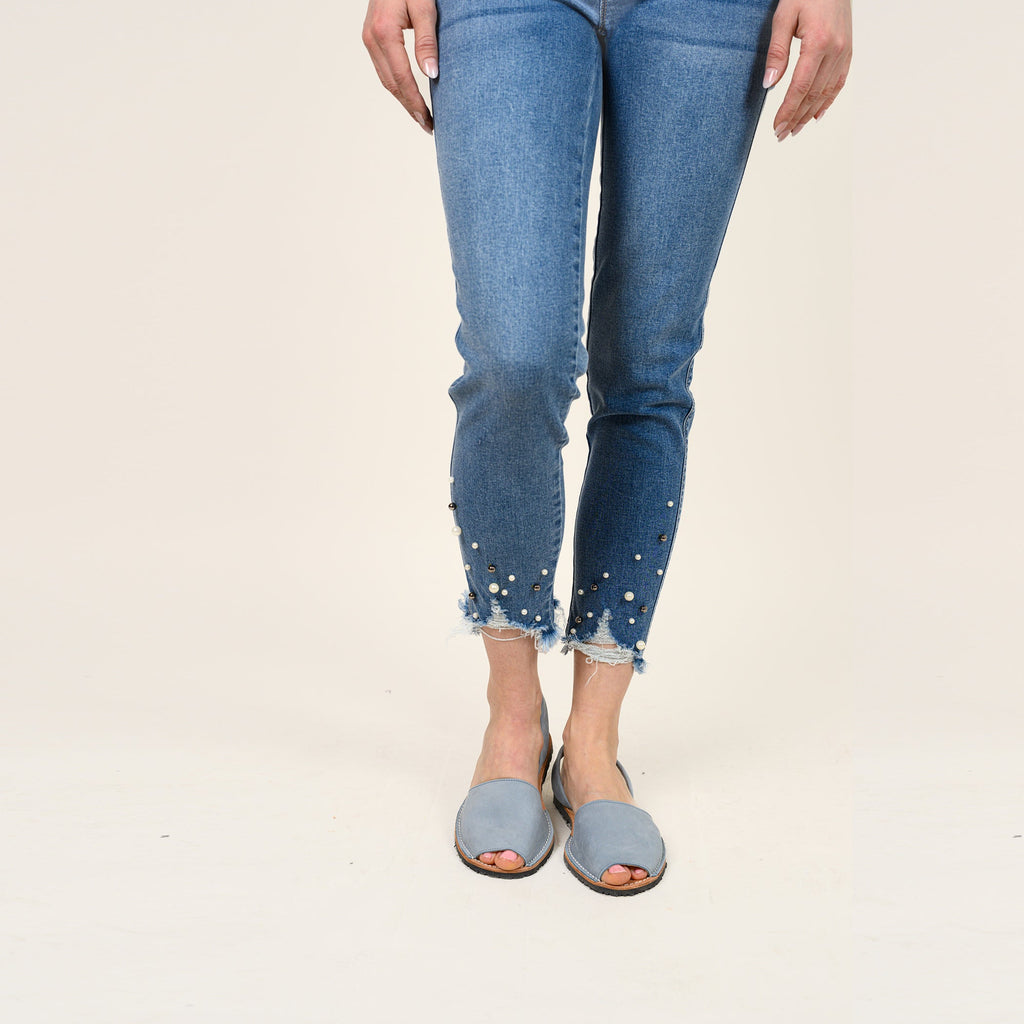 Pearl Beaded Distressed Hem Capris