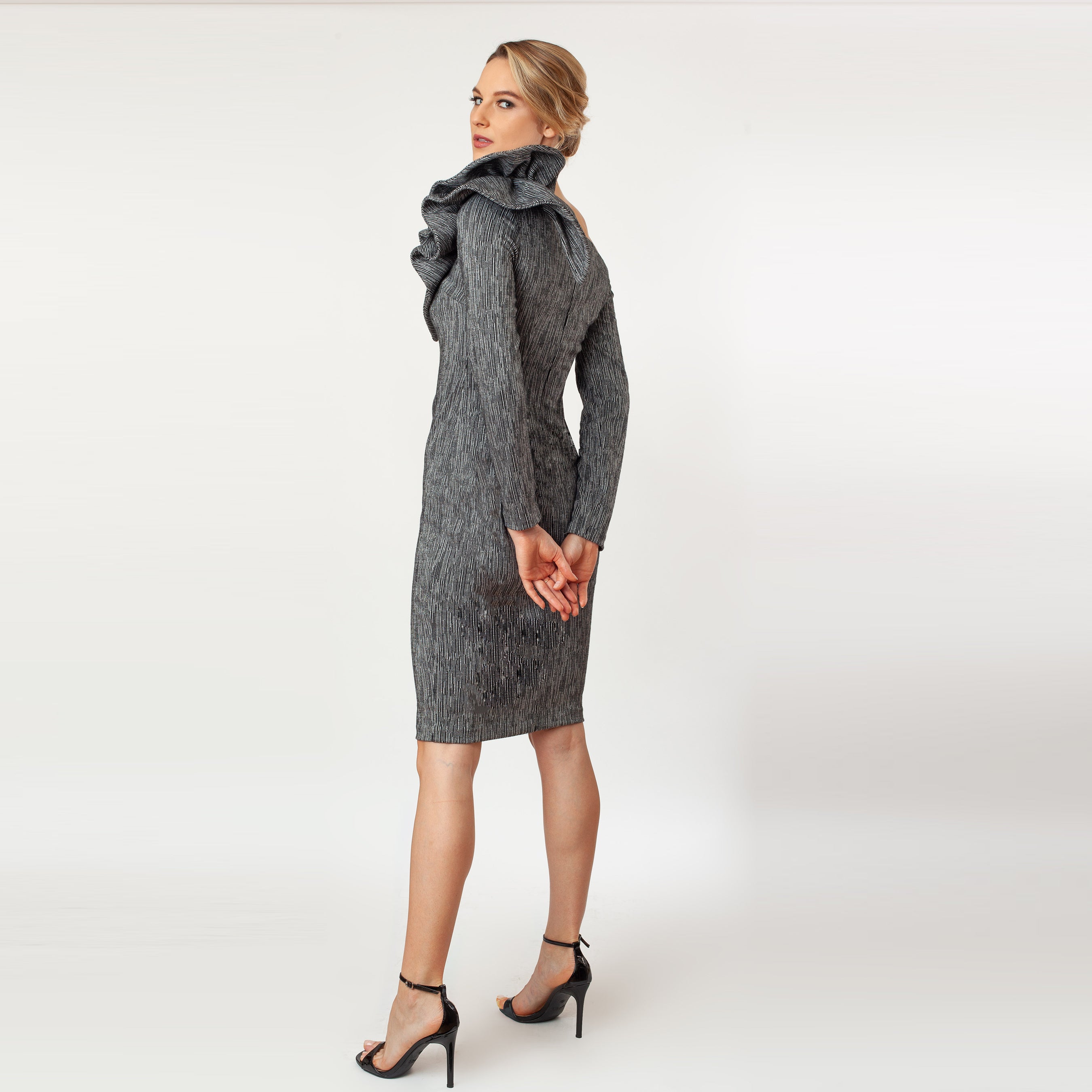 Assymmetric Ruffled Shoulder Sheath